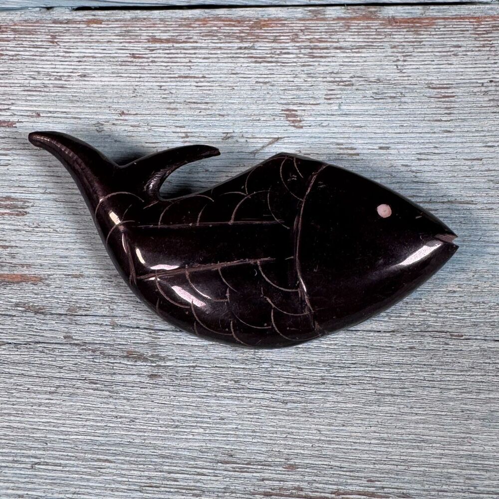 Vintage Hand Carved Buffalo Horn Fish Brooch Pin Mid Century Folk Art Inlaid Eye